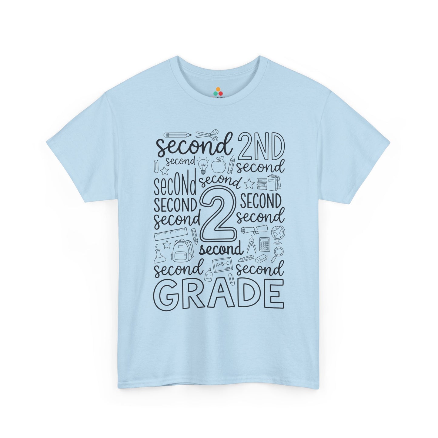 Light blue TEEZOCA second grade shirt for adults, a cute typography teacher tee for second grade classroom staff.
