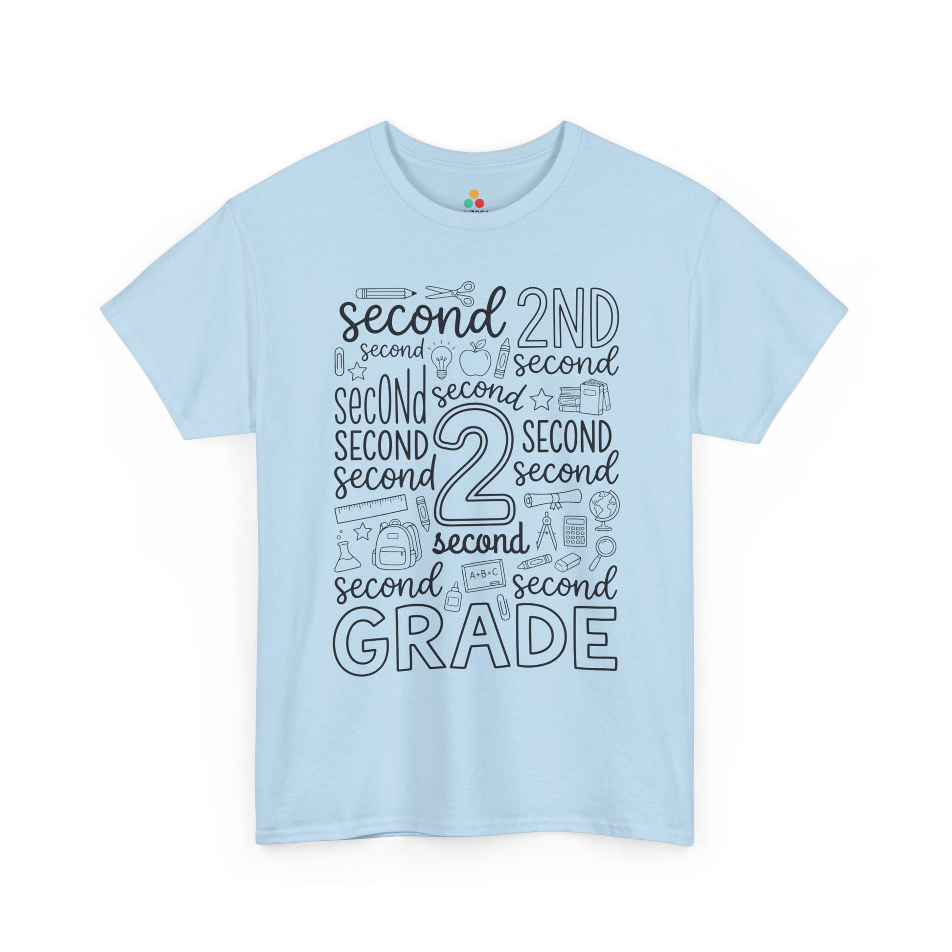 Light blue TEEZOCA second grade shirt for adults, a cute typography teacher tee for second grade classroom staff.
