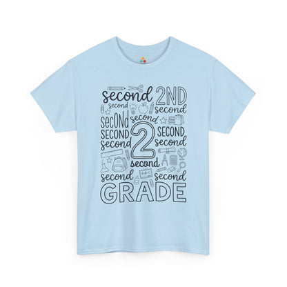 Light blue TEEZOCA second grade shirt for adults, a cute typography teacher tee for second grade classroom staff.

