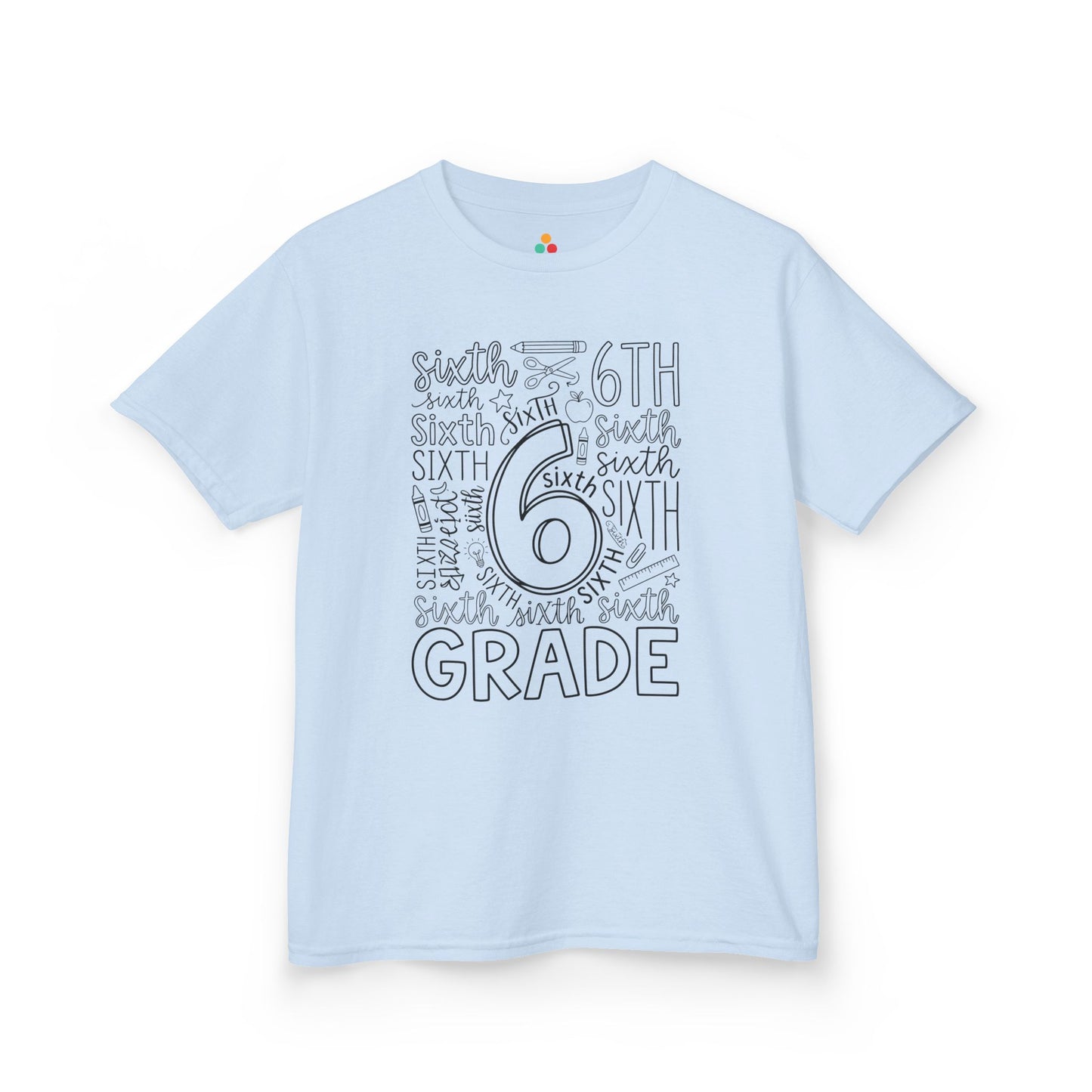 Light blue TEEZOCA sixth grade kids shirt, a cute first-day typography tee for a new sixth grader.
