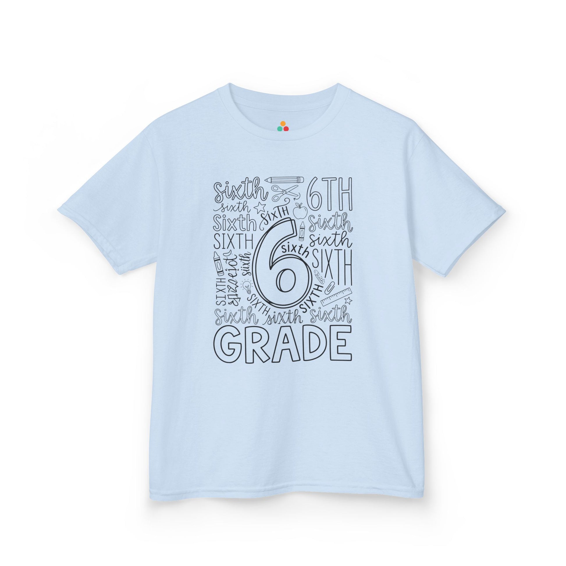 Light blue TEEZOCA sixth grade kids shirt, a cute first-day typography tee for a new sixth grader.
