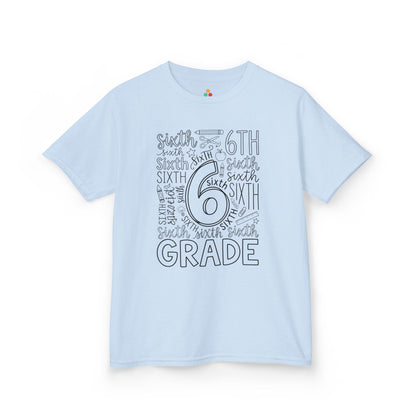 Light blue TEEZOCA sixth grade kids shirt, a cute first-day typography tee for a new sixth grader.
