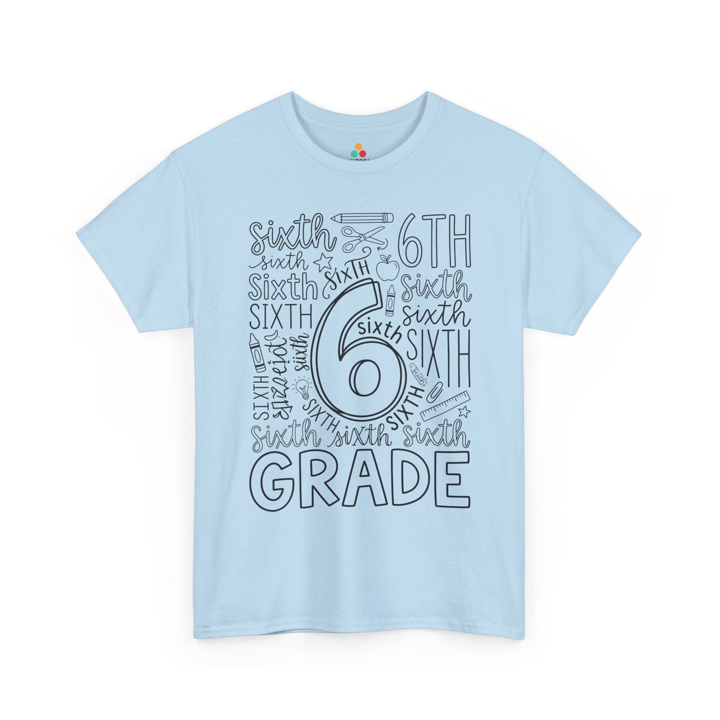 Light blue TEEZOCA sixth grade shirt for adults, a cute typography teacher tee for sixth grade school staff.
