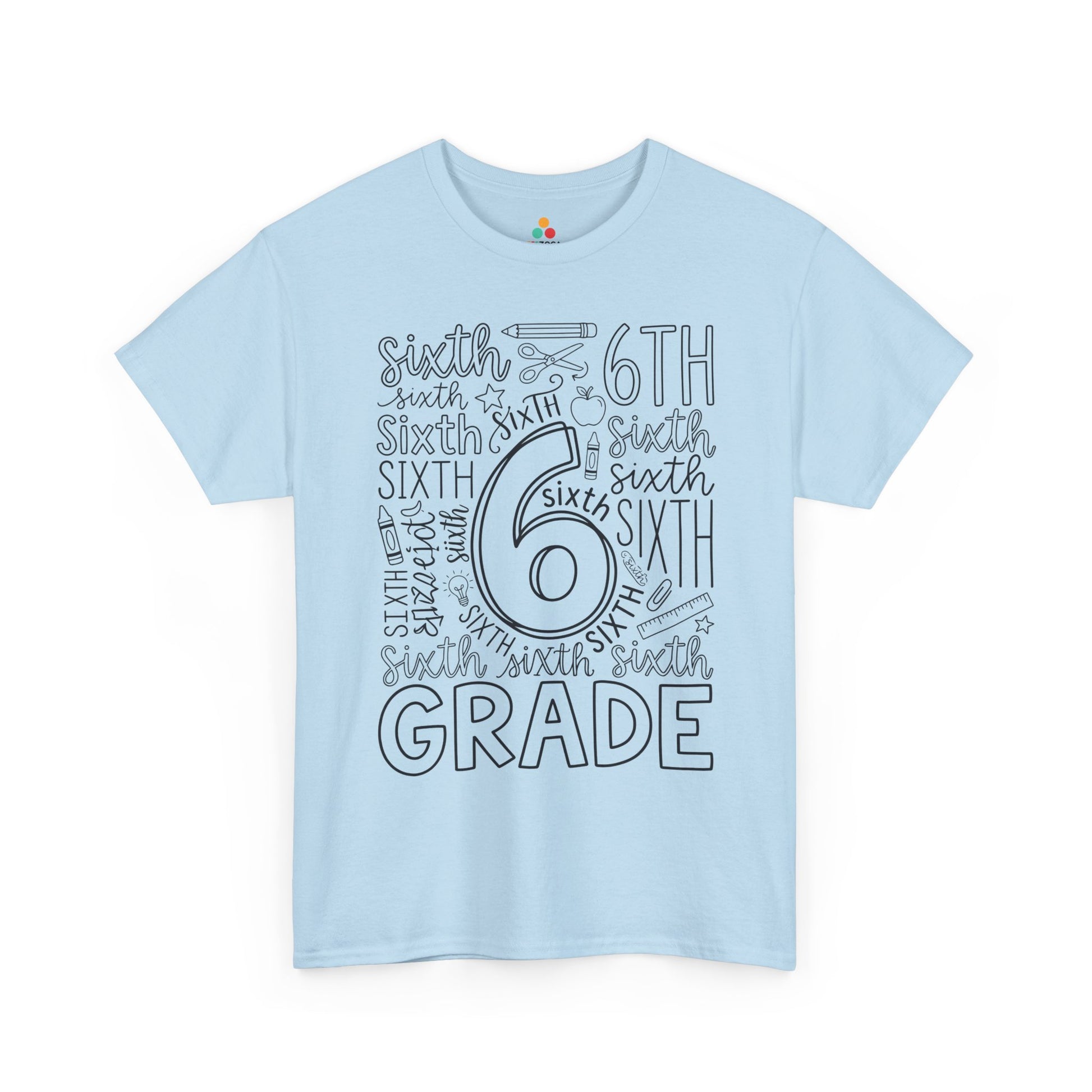 Light blue TEEZOCA sixth grade shirt for adults, a cute typography teacher tee for sixth grade school staff.
