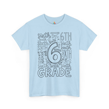 Light blue TEEZOCA sixth grade shirt for adults, a cute typography teacher tee for sixth grade school staff.
