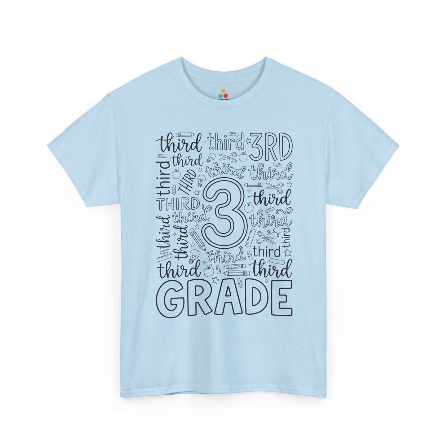 Light blue TEEZOCA third grade shirt for adults, a cute typography teacher tee for third grade classroom staff.
