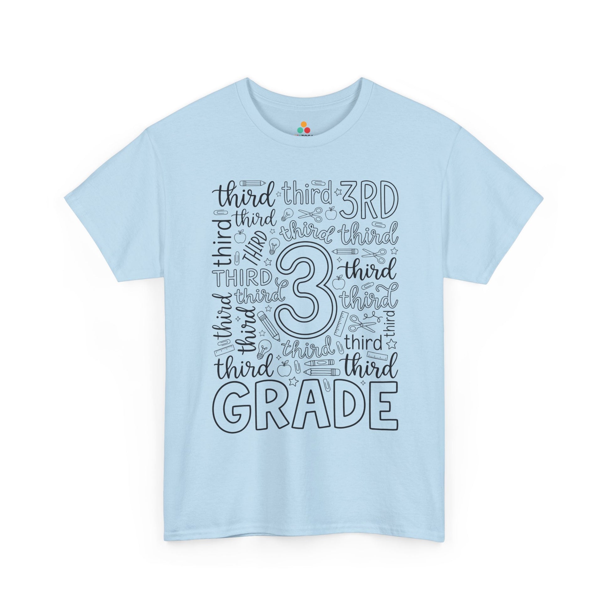 Light blue TEEZOCA third grade shirt for adults, a cute typography teacher tee for third grade classroom staff.
