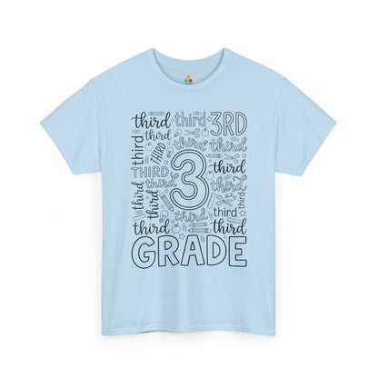 Light blue TEEZOCA third grade shirt for adults, a cute typography teacher tee for third grade classroom staff.
