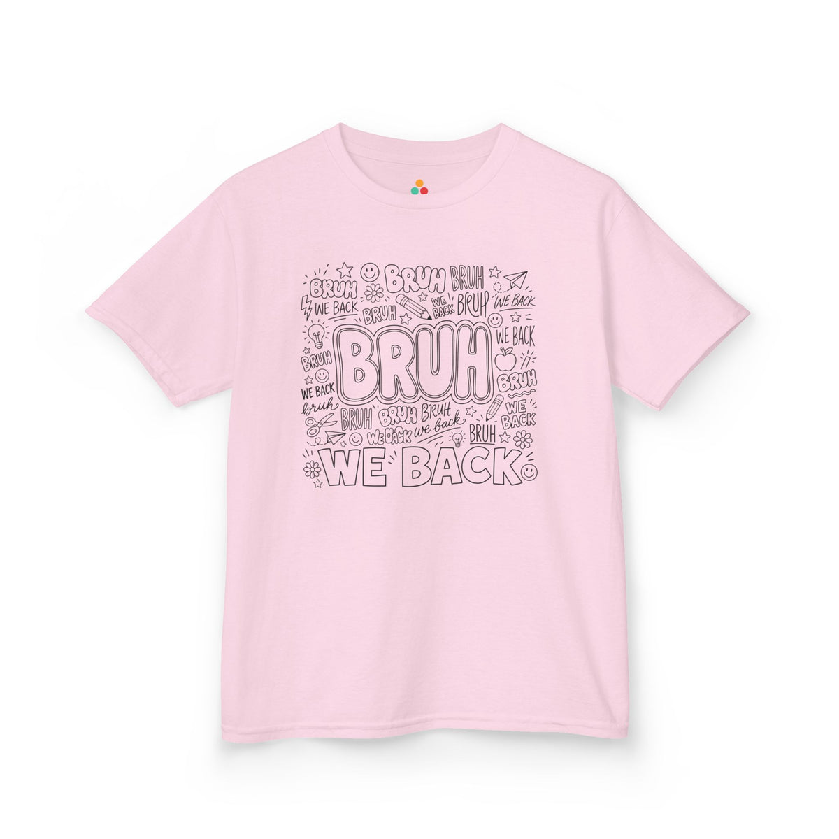 Light pink TEEZOCA Bruh We Back doodle kids tee, a funny back to school shirt for the new school year.

