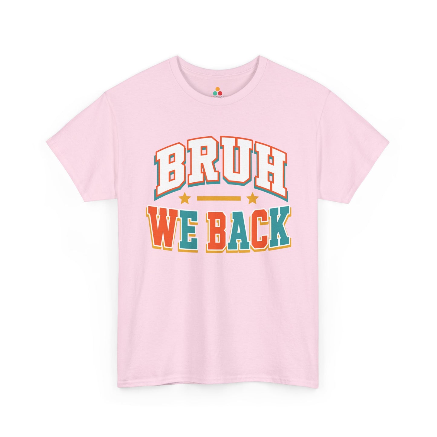 Light pink TEEZOCA Bruh We Back varsity tee, a funny back to school shirt for the new school year.


