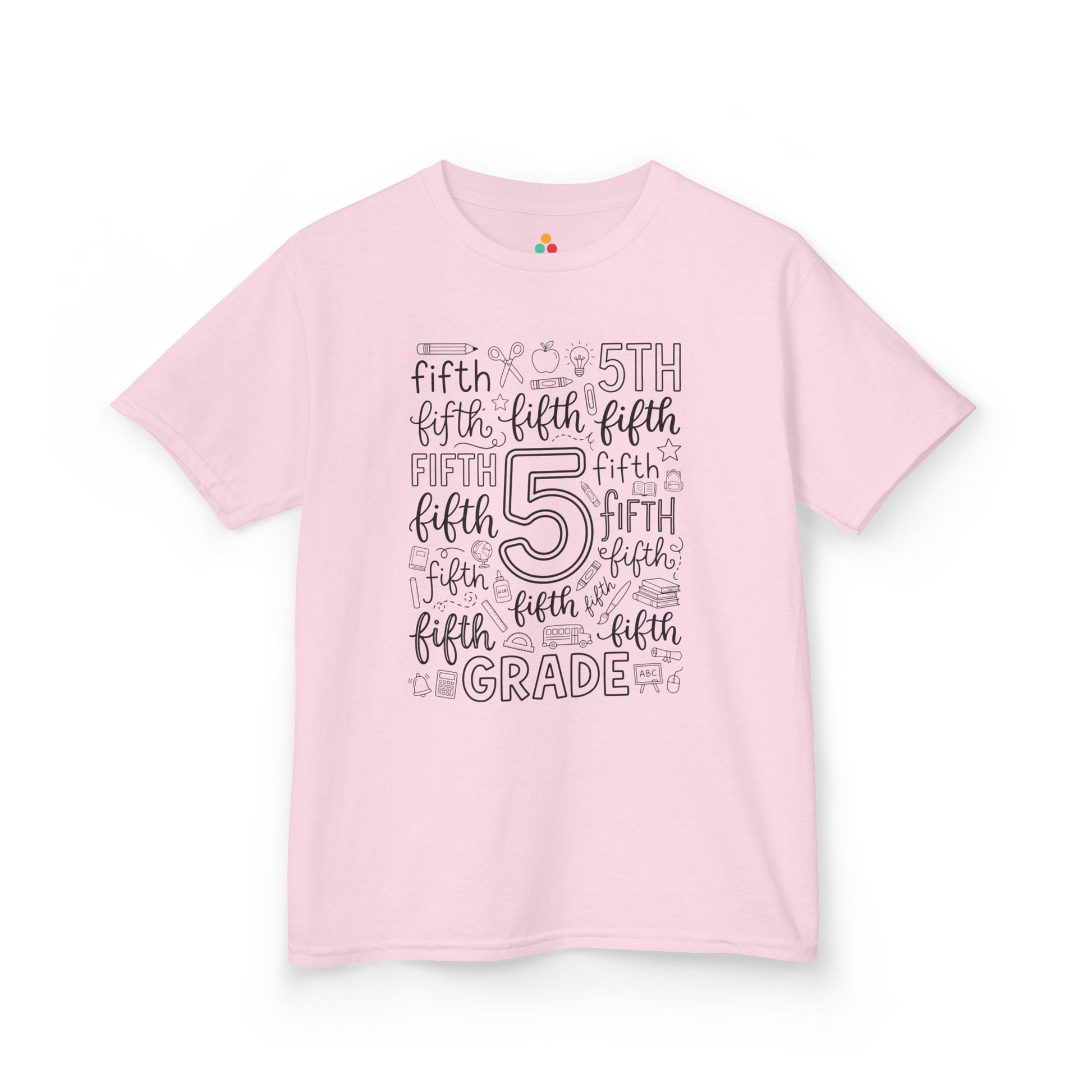 Light pink TEEZOCA fifth grade typography kids tee, a cute back to school shirt for a fifth grade girl.
