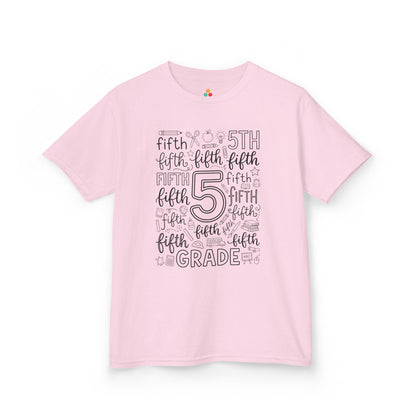Light pink TEEZOCA fifth grade typography kids tee, a cute back to school shirt for a fifth grade girl.
