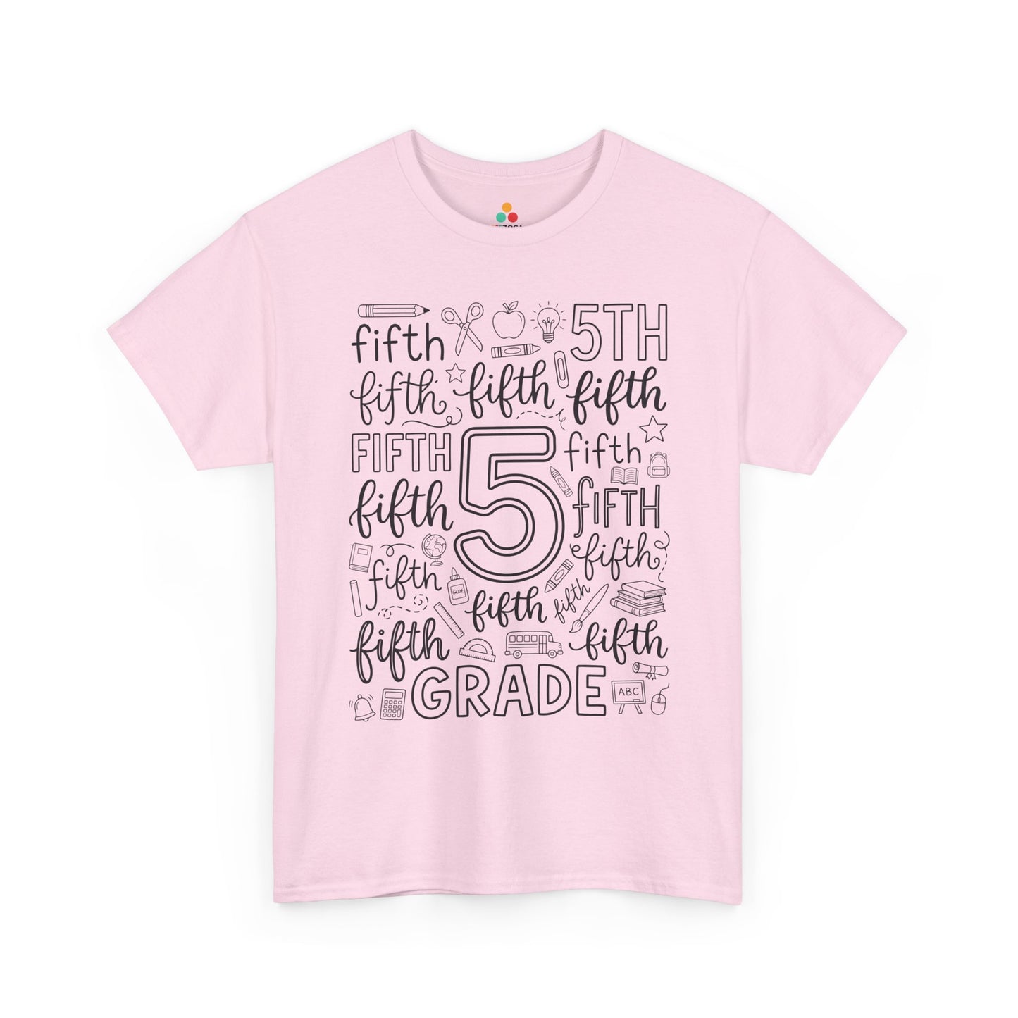 Light pink TEEZOCA fifth grade typography tee, a cute back to school teacher shirt for fifth grade teachers and aides.

