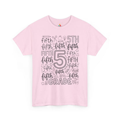 Light pink TEEZOCA fifth grade typography tee, a cute back to school teacher shirt for fifth grade teachers and aides.
