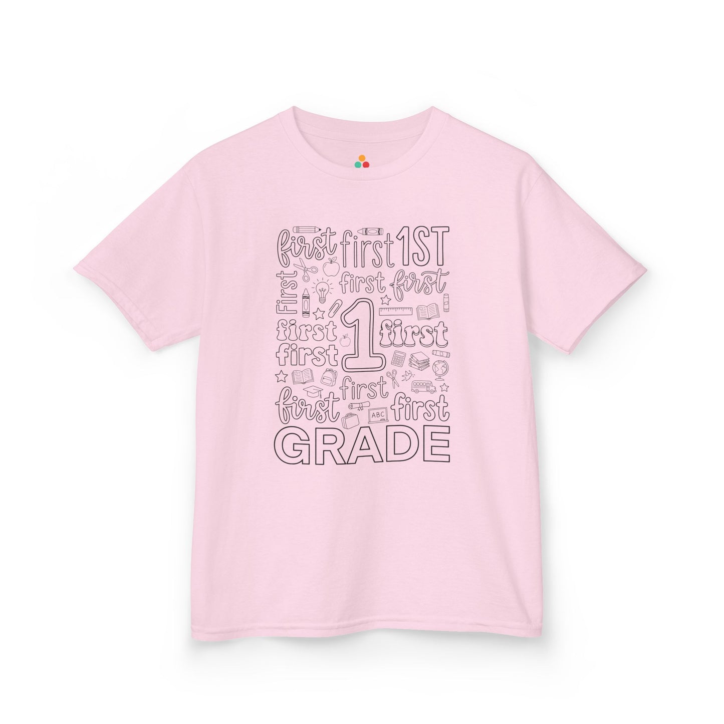 Light pink TEEZOCA first grade typography kids tee, a cute back to school shirt for a first grade girl.
