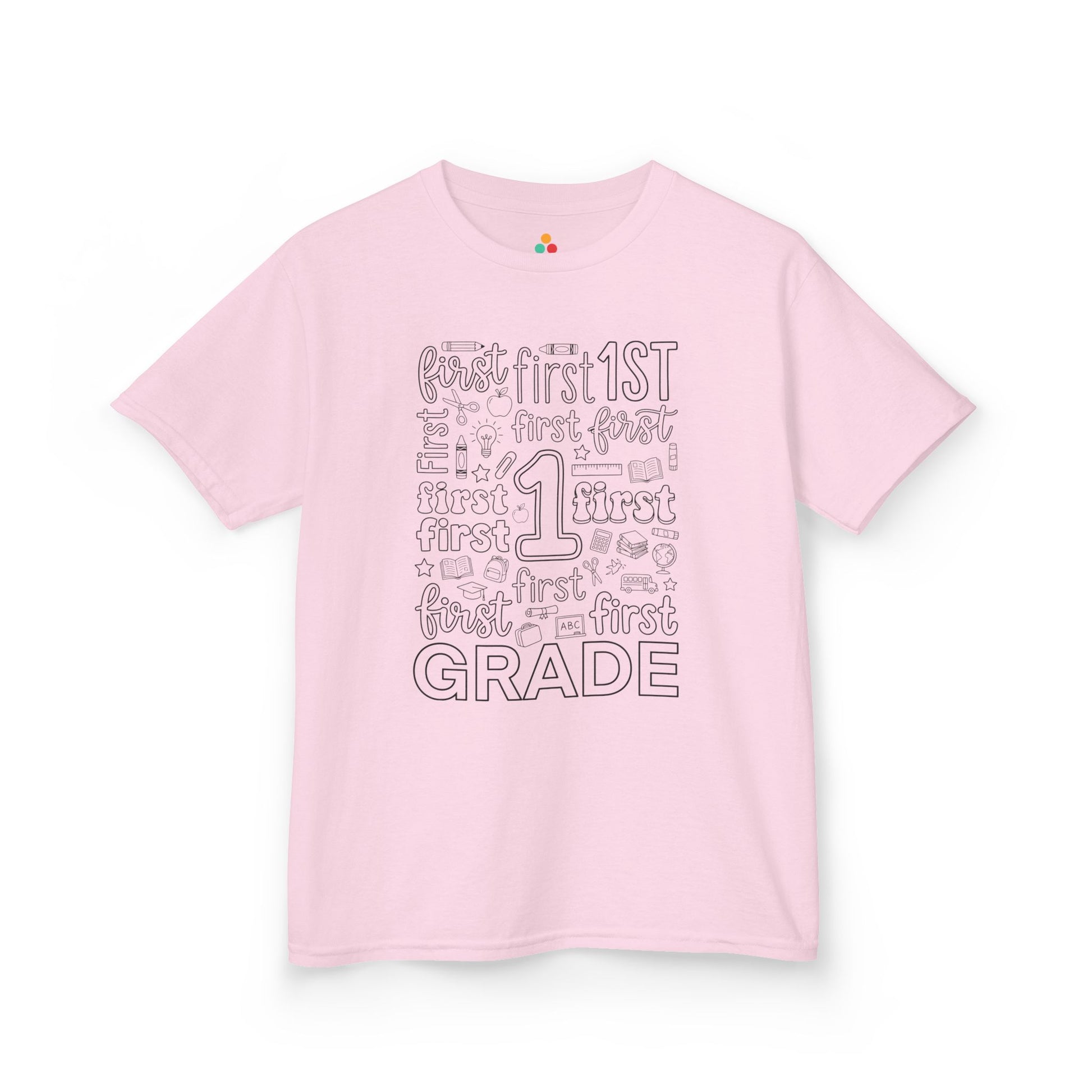 Light pink TEEZOCA first grade typography kids tee, a cute back to school shirt for a first grade girl.
