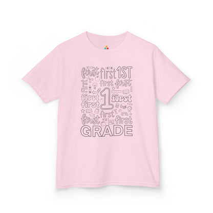Light pink TEEZOCA first grade typography kids tee, a cute back to school shirt for a first grade girl.
