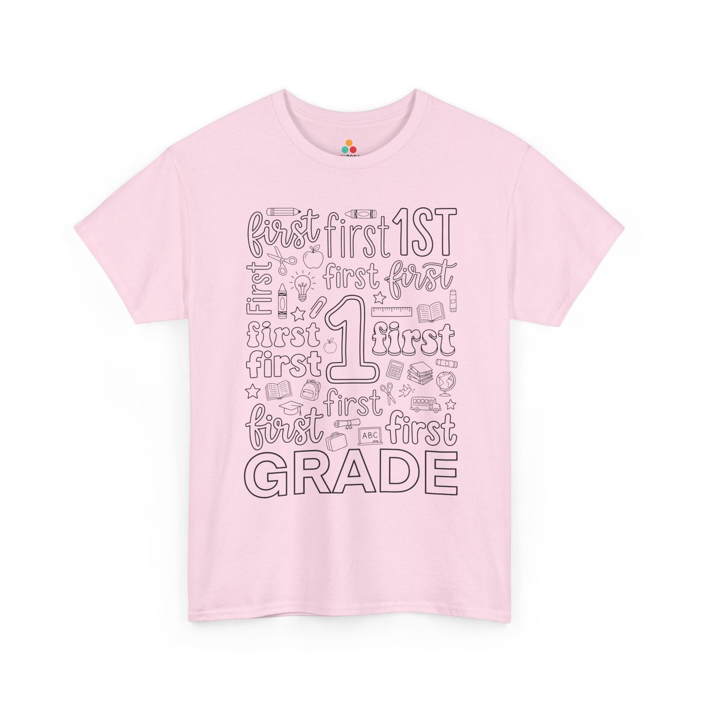 Light pink TEEZOCA first grade typography tee, a cute back to school teacher shirt for first grade teachers and aides.
