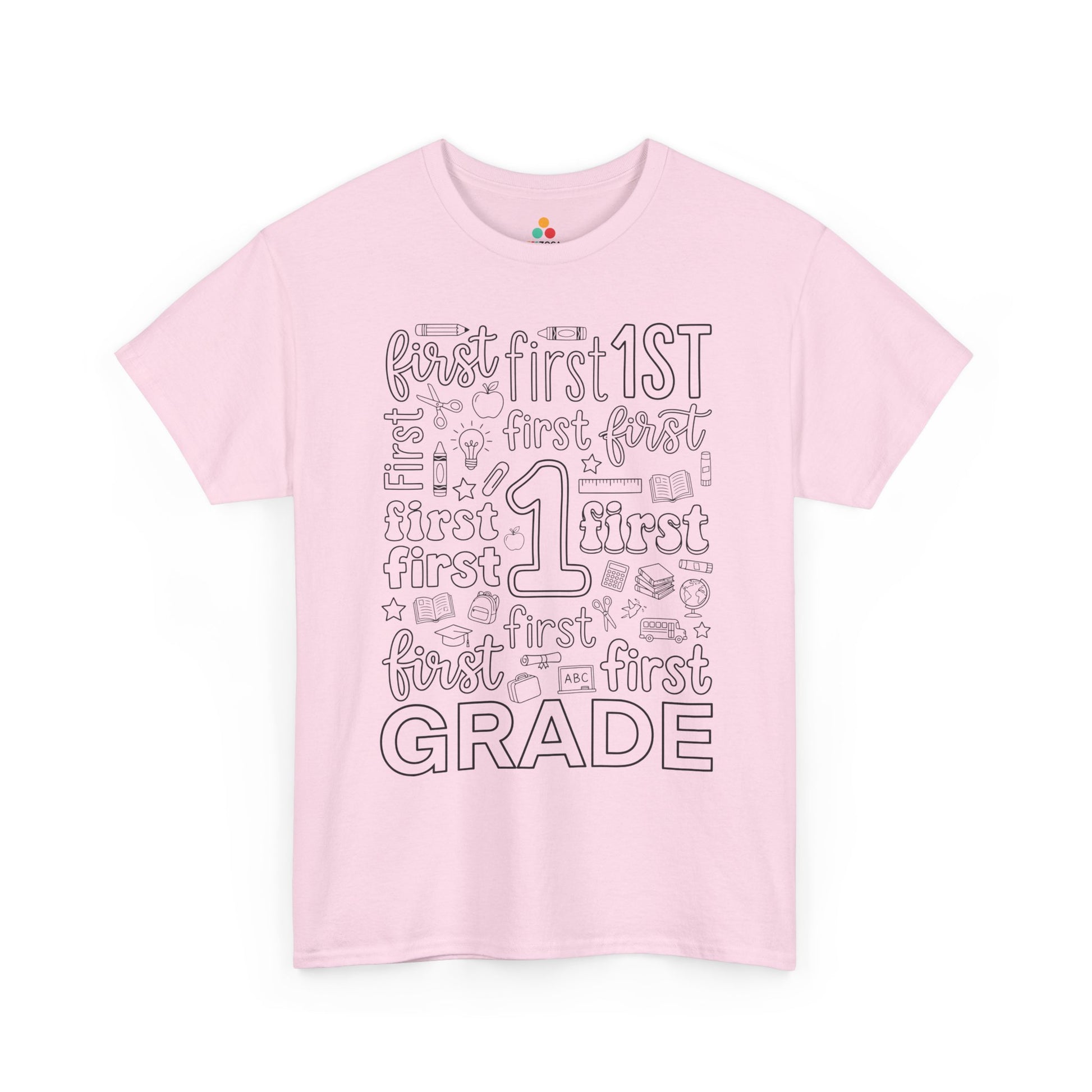 Light pink TEEZOCA first grade typography tee, a cute back to school teacher shirt for first grade teachers and aides.
