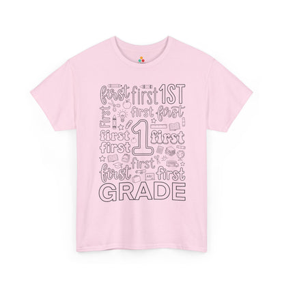 Light pink TEEZOCA first grade typography tee, a cute back to school teacher shirt for first grade teachers and aides.
