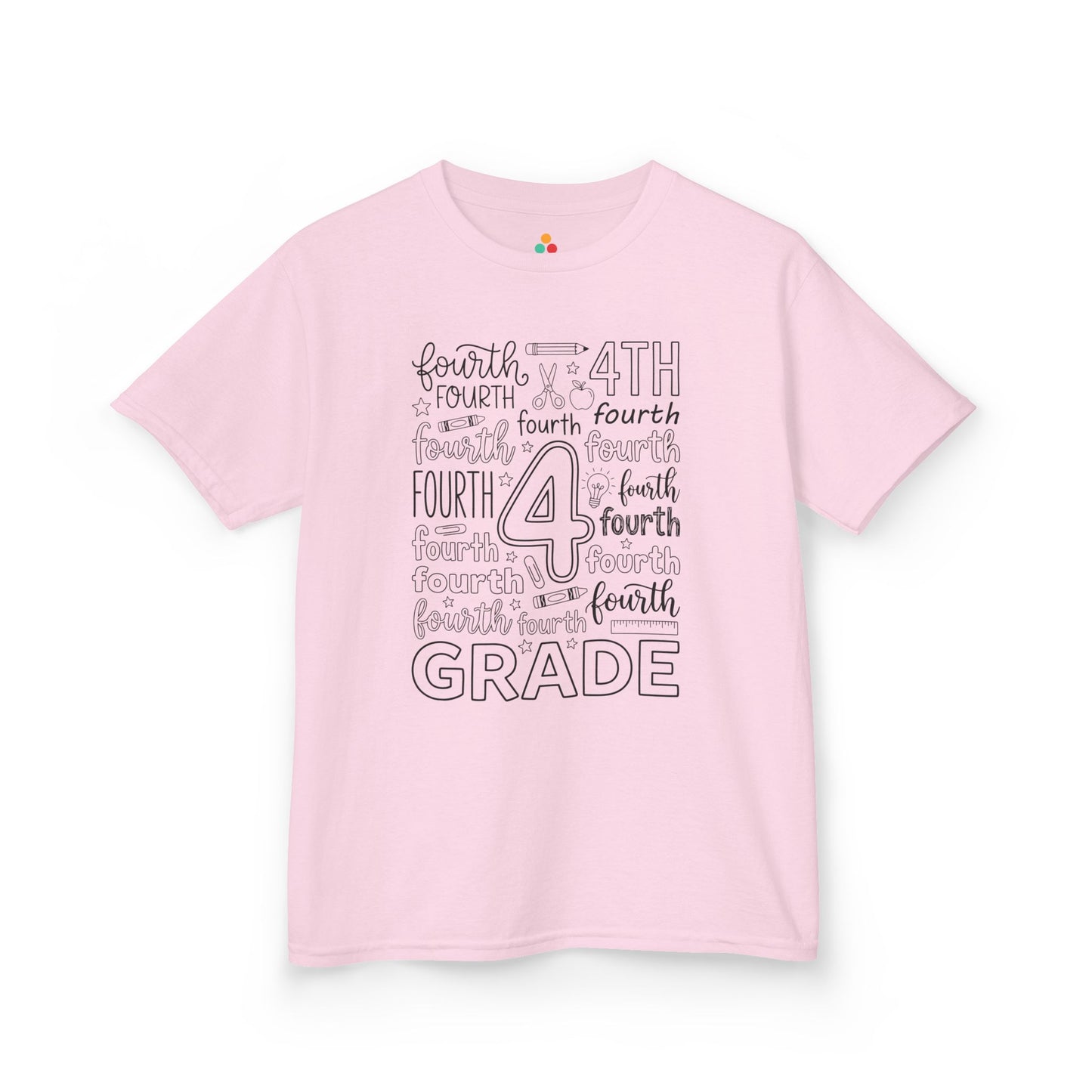 Light pink TEEZOCA fourth grade typography kids tee, a cute back to school shirt for a fourth grade girl.
