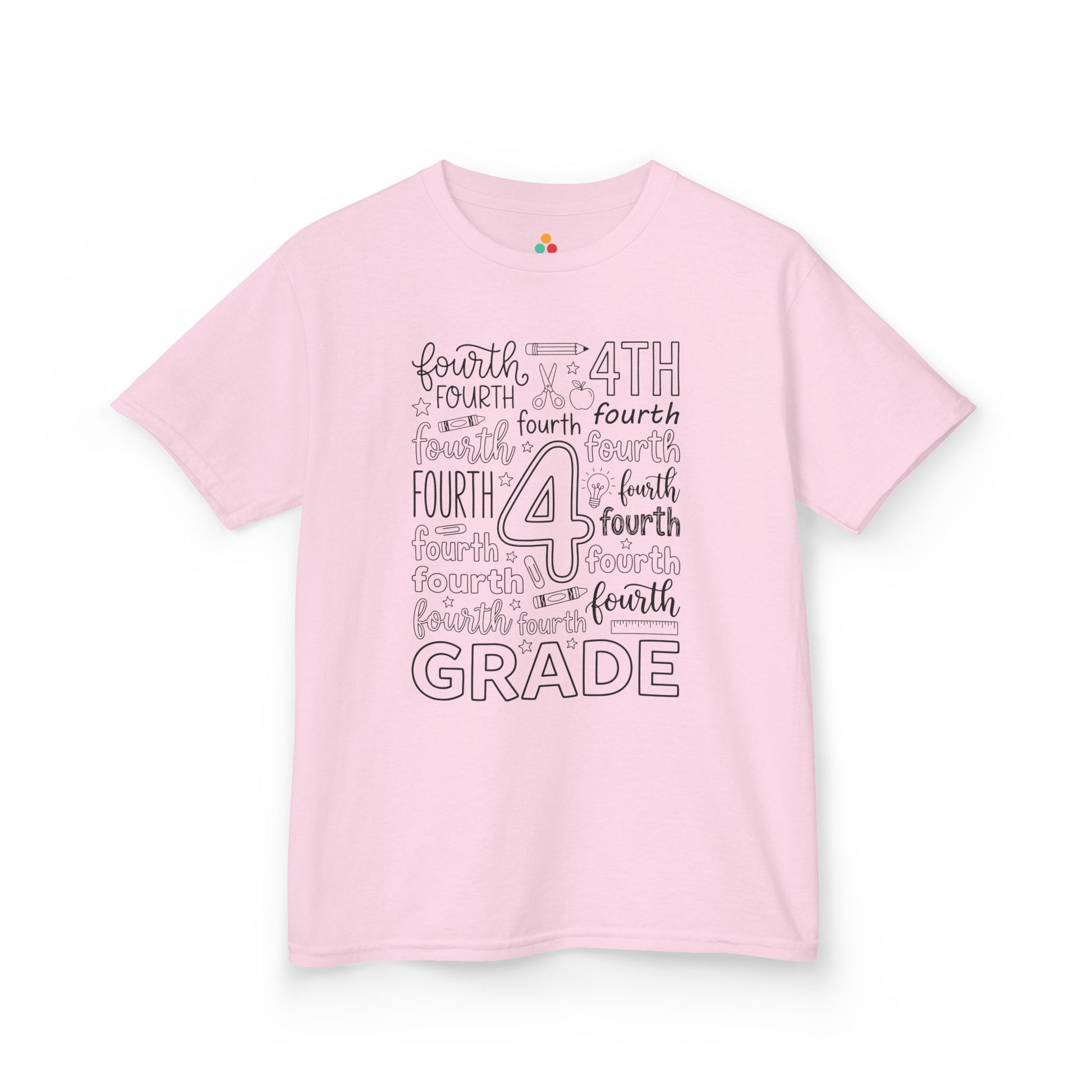 Light pink TEEZOCA fourth grade typography kids tee, a cute back to school shirt for a fourth grade girl.
