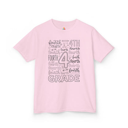 Light pink TEEZOCA fourth grade typography kids tee, a cute back to school shirt for a fourth grade girl.
