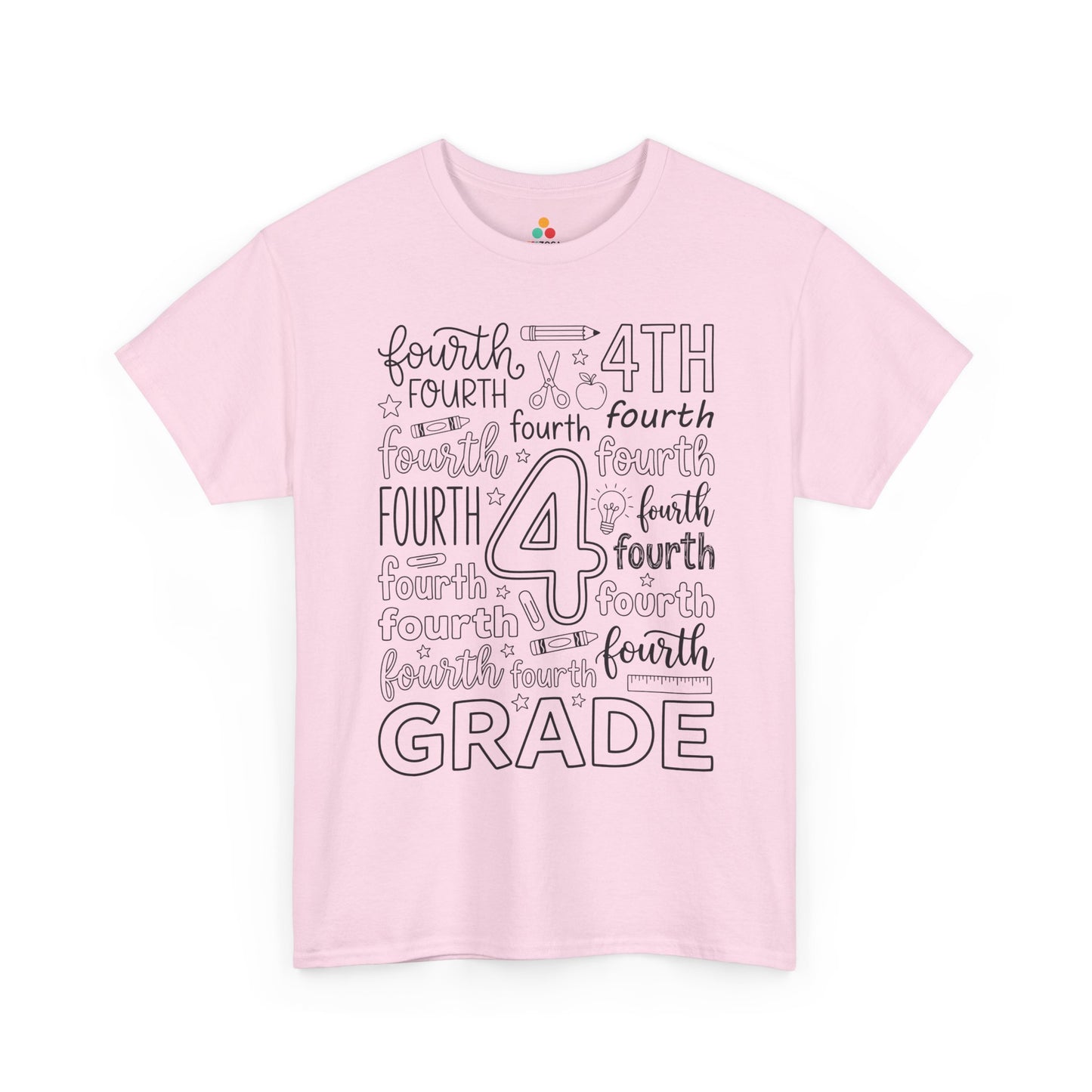 Light pink TEEZOCA fourth grade typography tee, a cute back to school teacher shirt for fourth grade teachers and aides.
