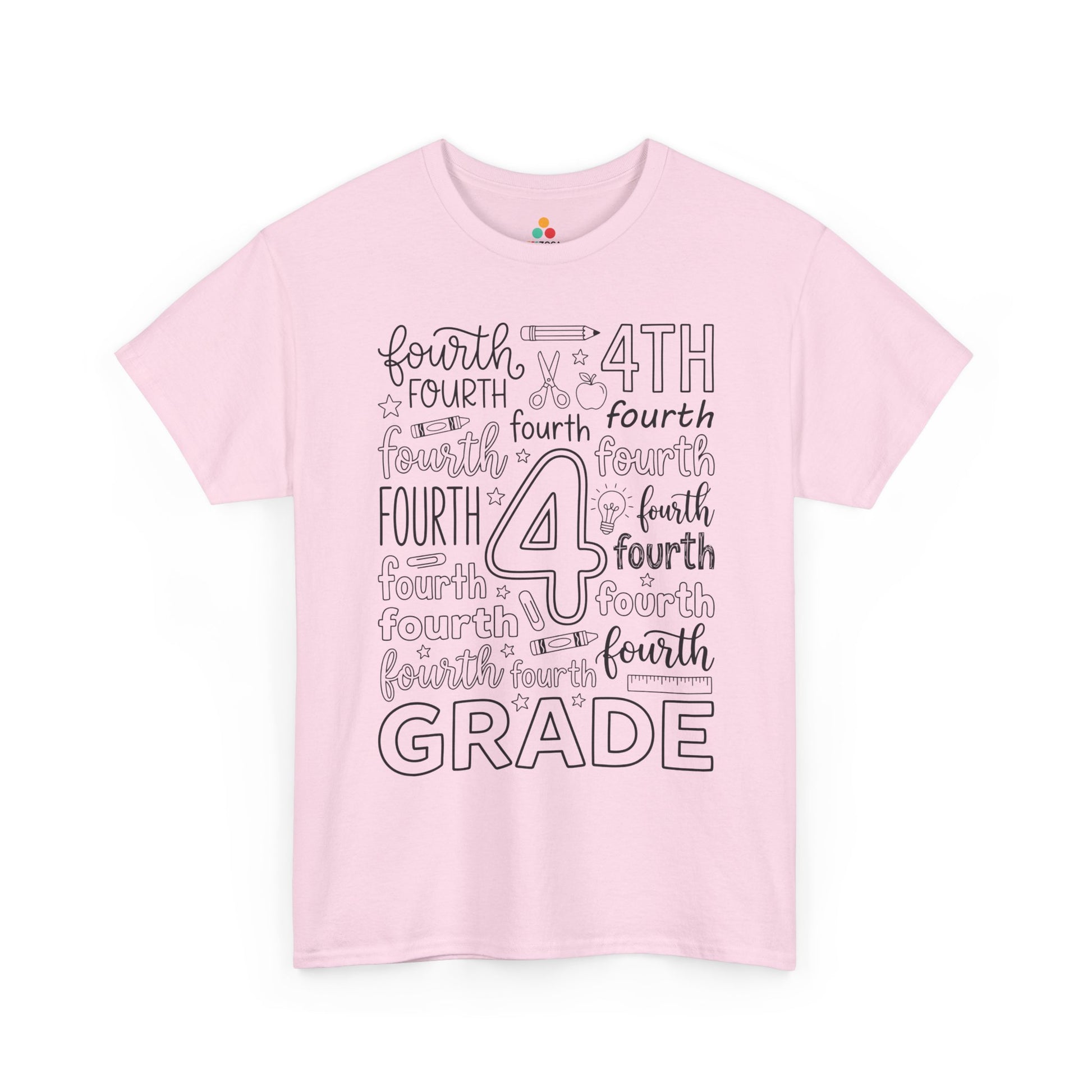 Light pink TEEZOCA fourth grade typography tee, a cute back to school teacher shirt for fourth grade teachers and aides.
