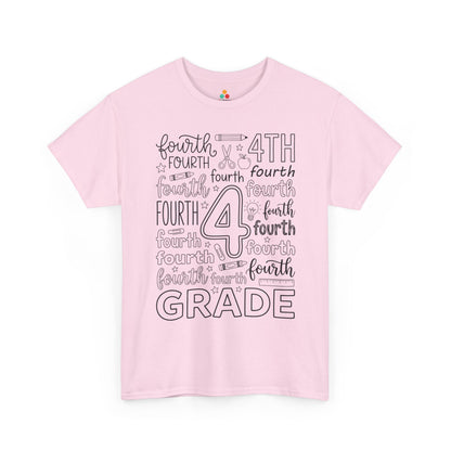 Light pink TEEZOCA fourth grade typography tee, a cute back to school teacher shirt for fourth grade teachers and aides.
