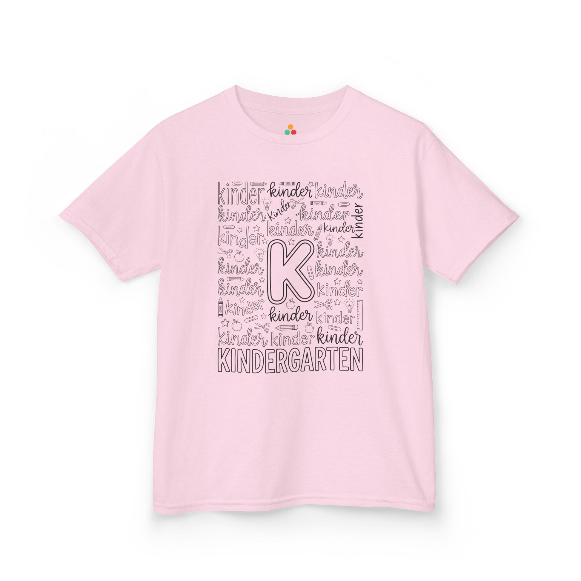 Light pink TEEZOCA kindergarten typography kids tee, a cute first day of kindergarten shirt for a little girl.
