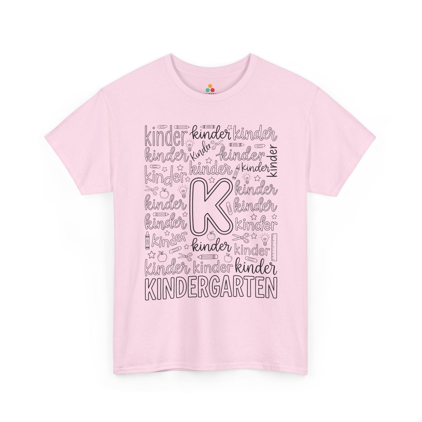 Light pink TEEZOCA kindergarten typography tee, a cute back to school teacher shirt for kindergarten teachers and aides.
