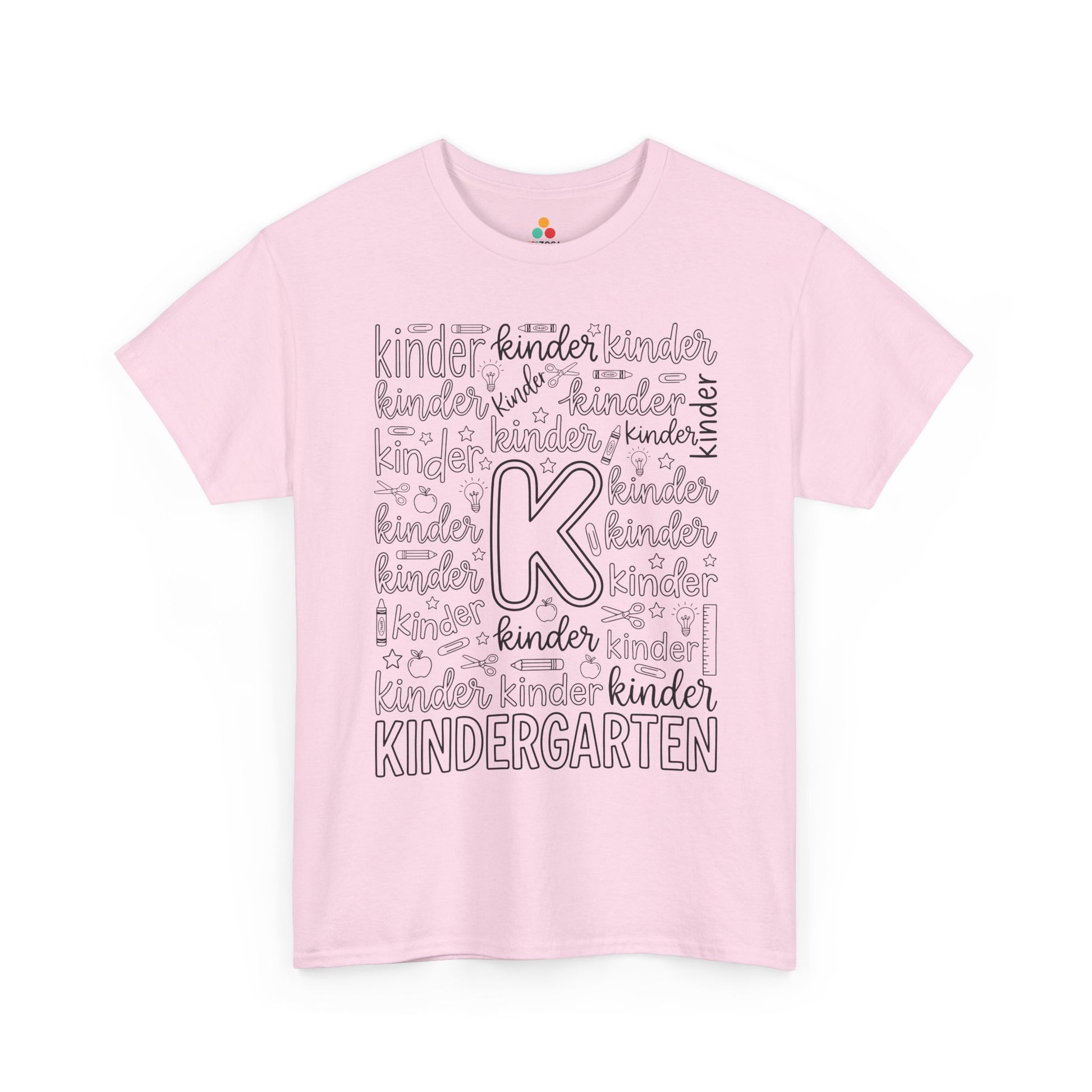 Light pink TEEZOCA kindergarten typography tee, a cute back to school teacher shirt for kindergarten teachers and aides.
