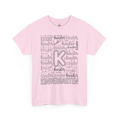 Light pink TEEZOCA kindergarten typography tee, a cute back to school teacher shirt for kindergarten teachers and aides.

