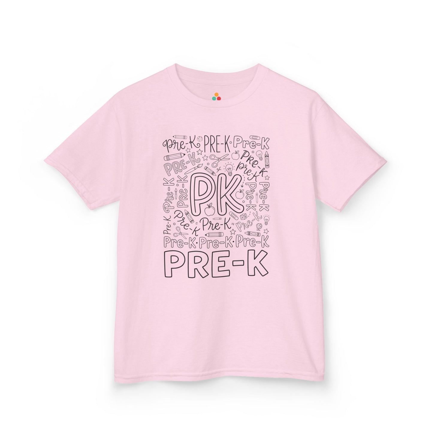 Light pink TEEZOCA pre-k typography kids tee, a cute first day of pre-k shirt for a little girl.
