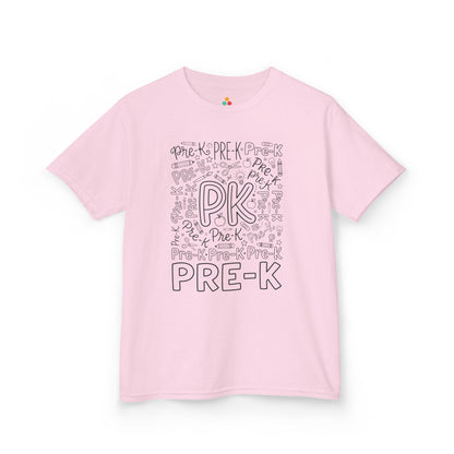 Light pink TEEZOCA pre-k typography kids tee, a cute first day of pre-k shirt for a little girl.
