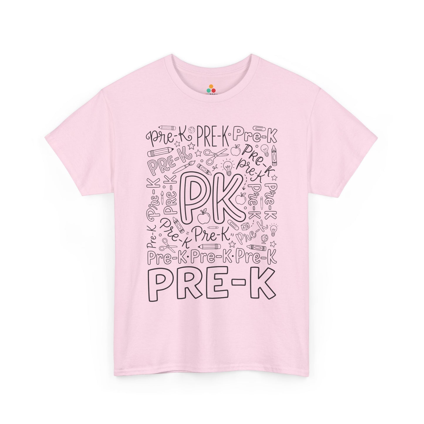 Light pink TEEZOCA pre-k typography tee, a cute back to school teacher shirt for pre-k teachers and aides.
