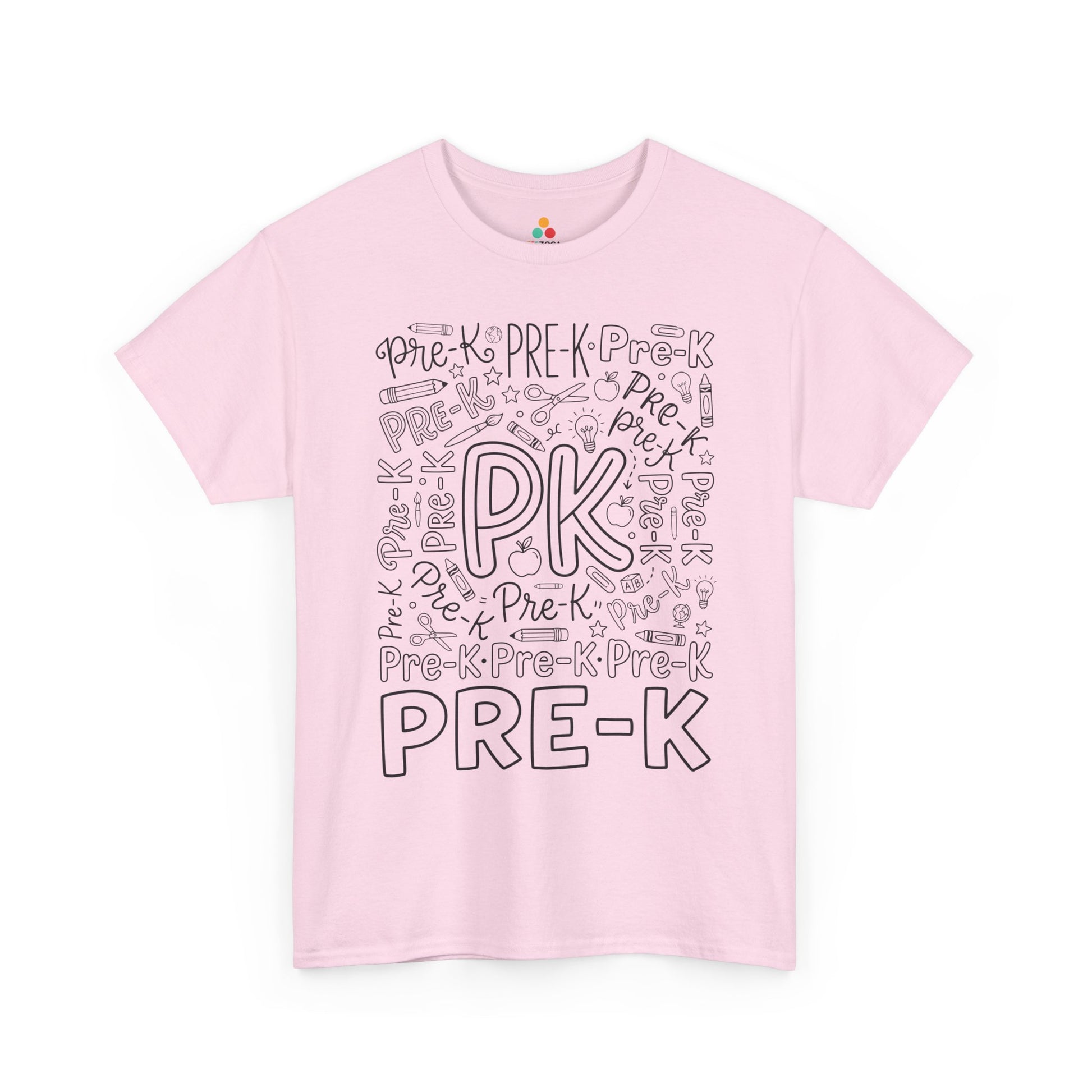 Light pink TEEZOCA pre-k typography tee, a cute back to school teacher shirt for pre-k teachers and aides.
