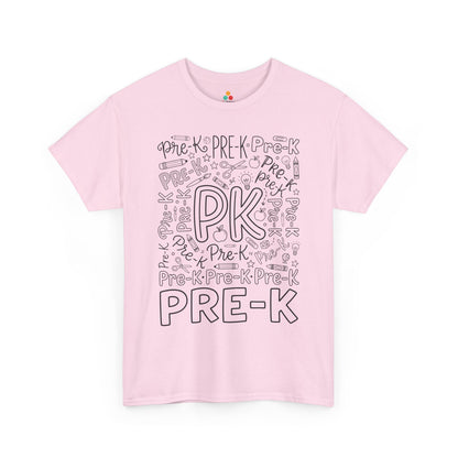 Light pink TEEZOCA pre-k typography tee, a cute back to school teacher shirt for pre-k teachers and aides.
