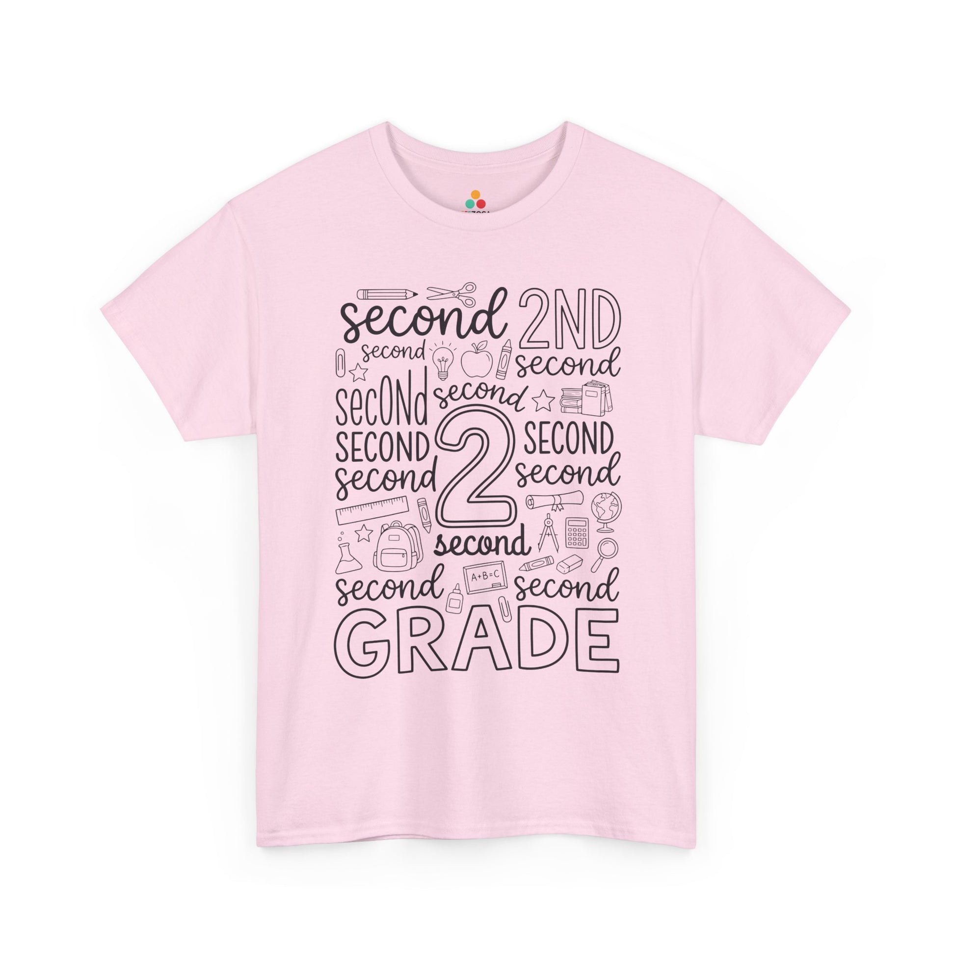 Light pink TEEZOCA second grade typography tee, a cute back to school teacher shirt for second grade teachers and aides.
