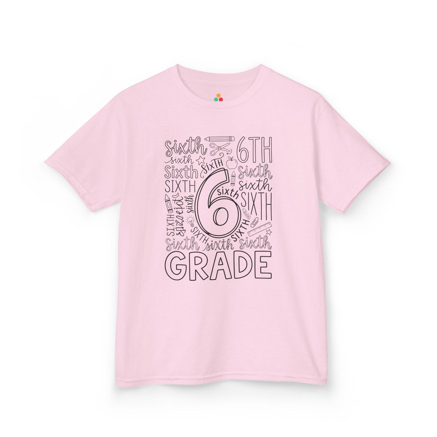 Light pink TEEZOCA sixth grade typography kids tee, a cute back to school shirt for a sixth grade girl.
