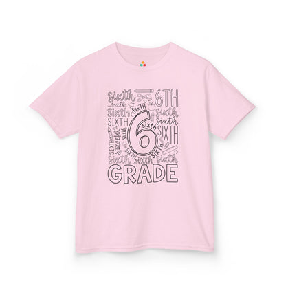 Light pink TEEZOCA sixth grade typography kids tee, a cute back to school shirt for a sixth grade girl.
