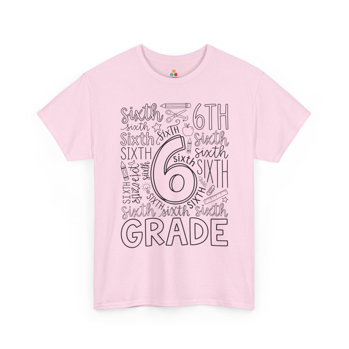 Light pink TEEZOCA sixth grade typography tee, a cute back to school teacher shirt for sixth grade teachers and aides.
