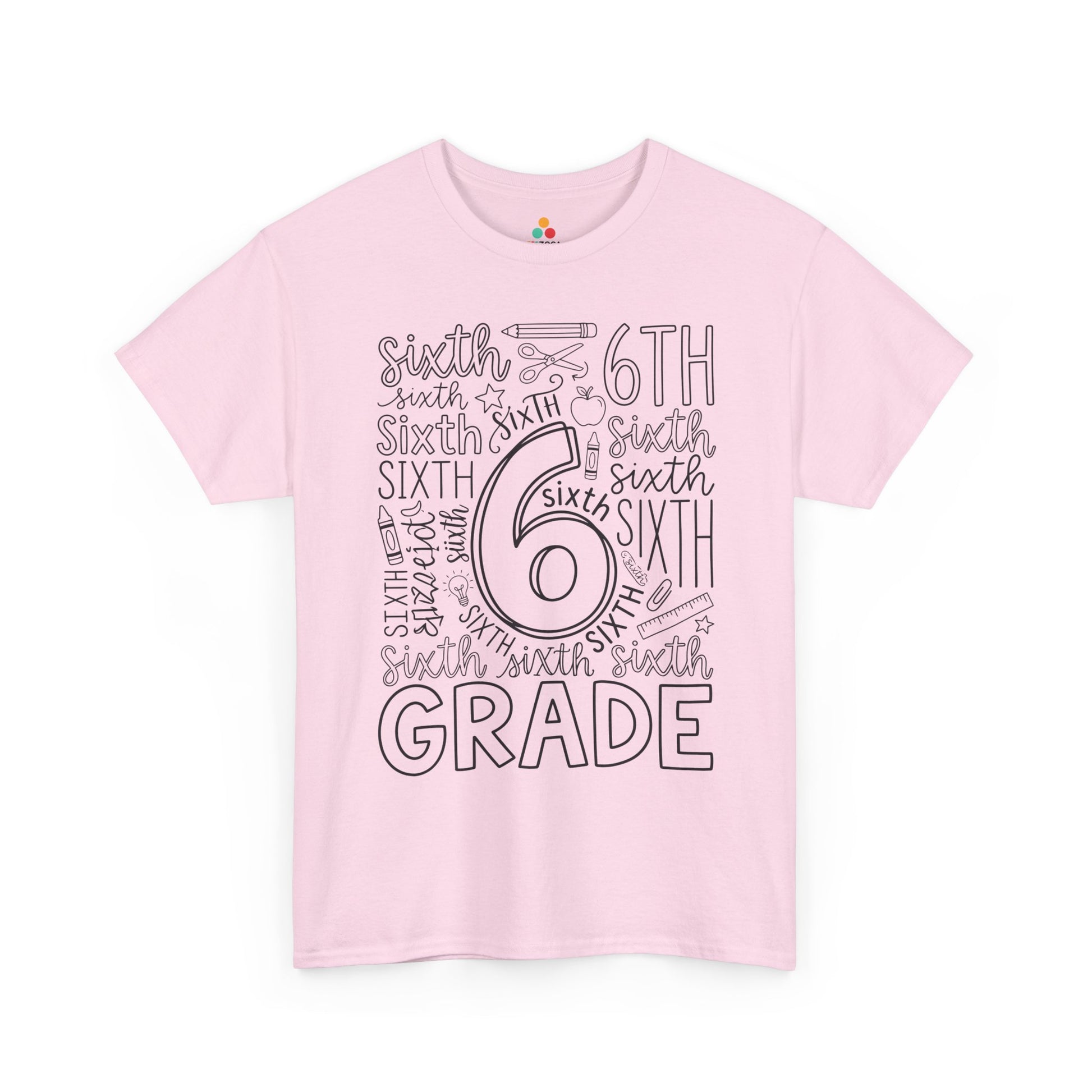 Light pink TEEZOCA sixth grade typography tee, a cute back to school teacher shirt for sixth grade teachers and aides.
