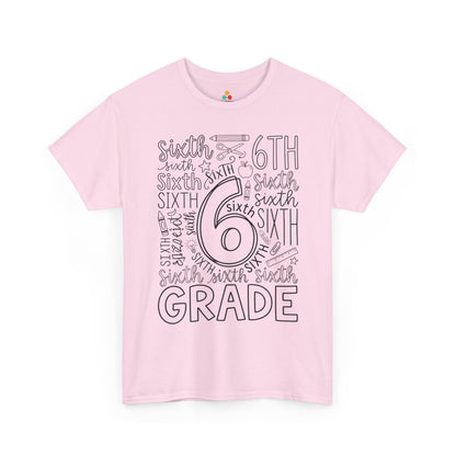 Light pink TEEZOCA sixth grade typography tee, a cute back to school teacher shirt for sixth grade teachers and aides.
