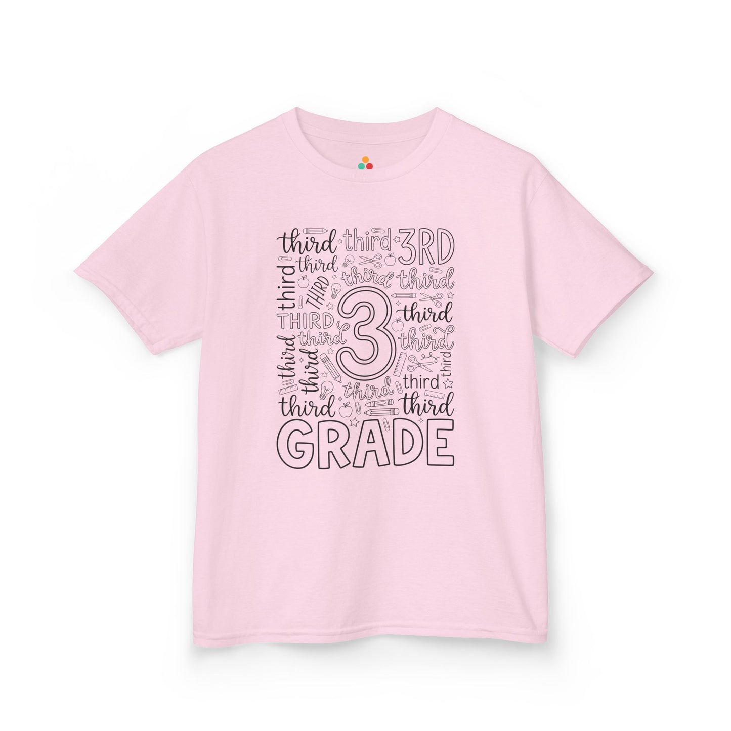 Light pink TEEZOCA third grade typography kids tee, a cute back to school shirt for a third grade girl.
