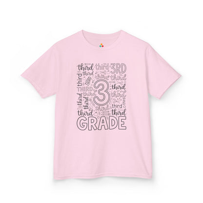 Light pink TEEZOCA third grade typography kids tee, a cute back to school shirt for a third grade girl.

