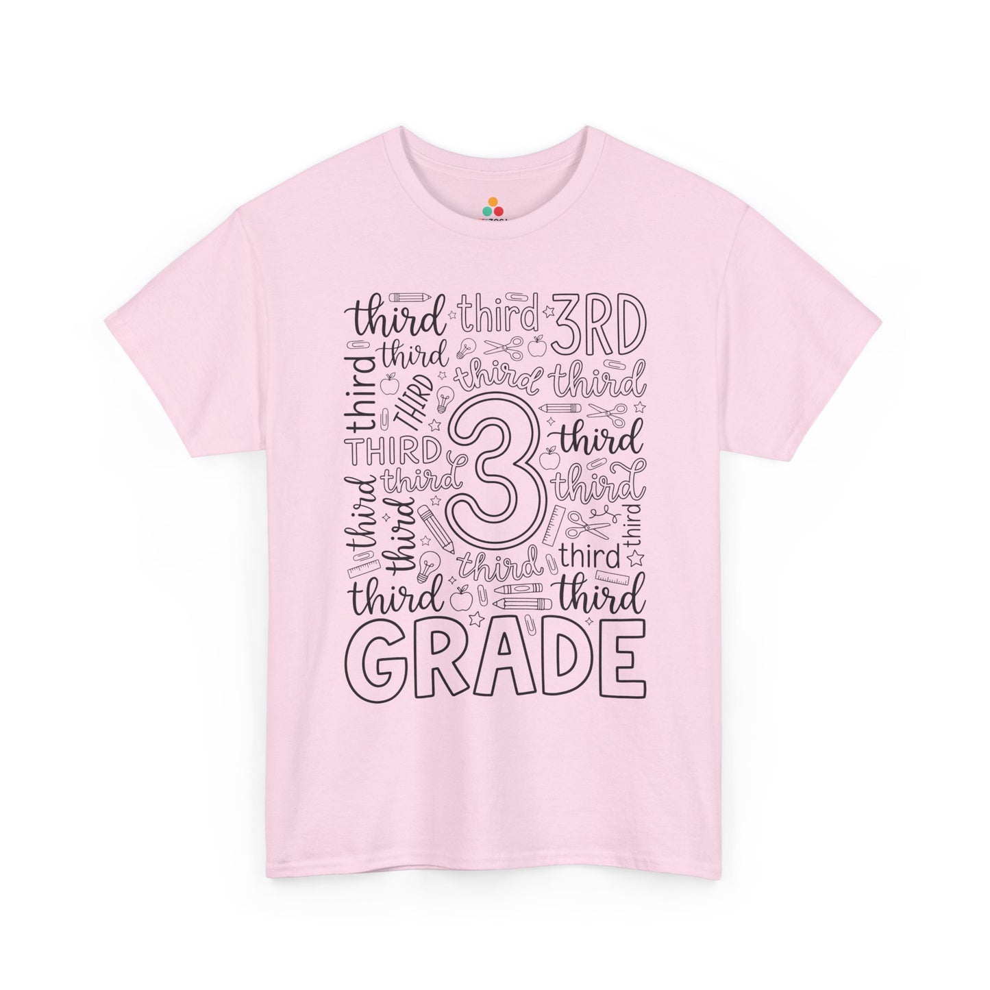 Light pink TEEZOCA third grade typography tee, a cute back to school teacher shirt for third grade teachers and aides.
