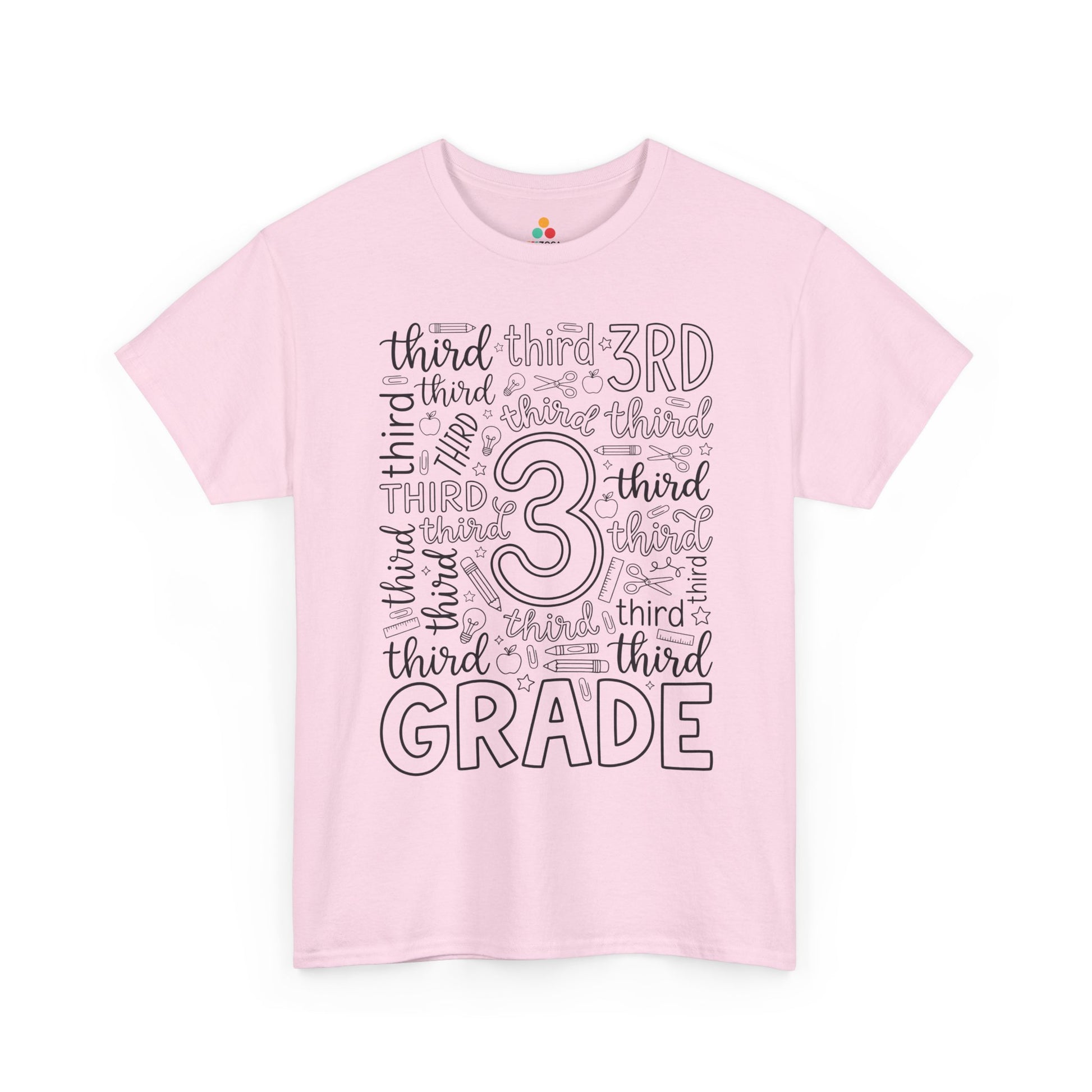 Light pink TEEZOCA third grade typography tee, a cute back to school teacher shirt for third grade teachers and aides.
