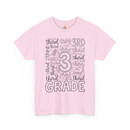 Light pink TEEZOCA third grade typography tee, a cute back to school teacher shirt for third grade teachers and aides.
